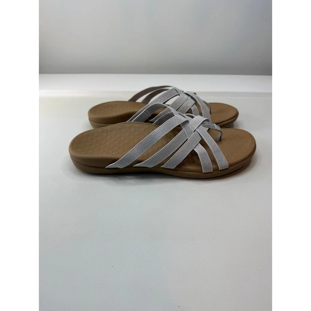 Vionic Tia Silver Metallic Strappy Orthotic Thong Sandals Womens 12 NEW